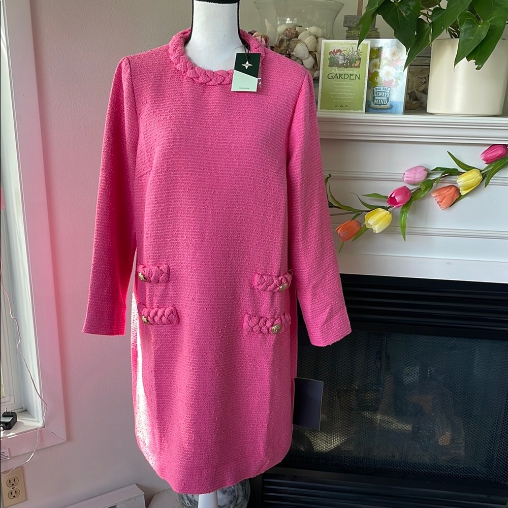Tucker buck Pink Braided Pocket Shift Dress with Gold Accents